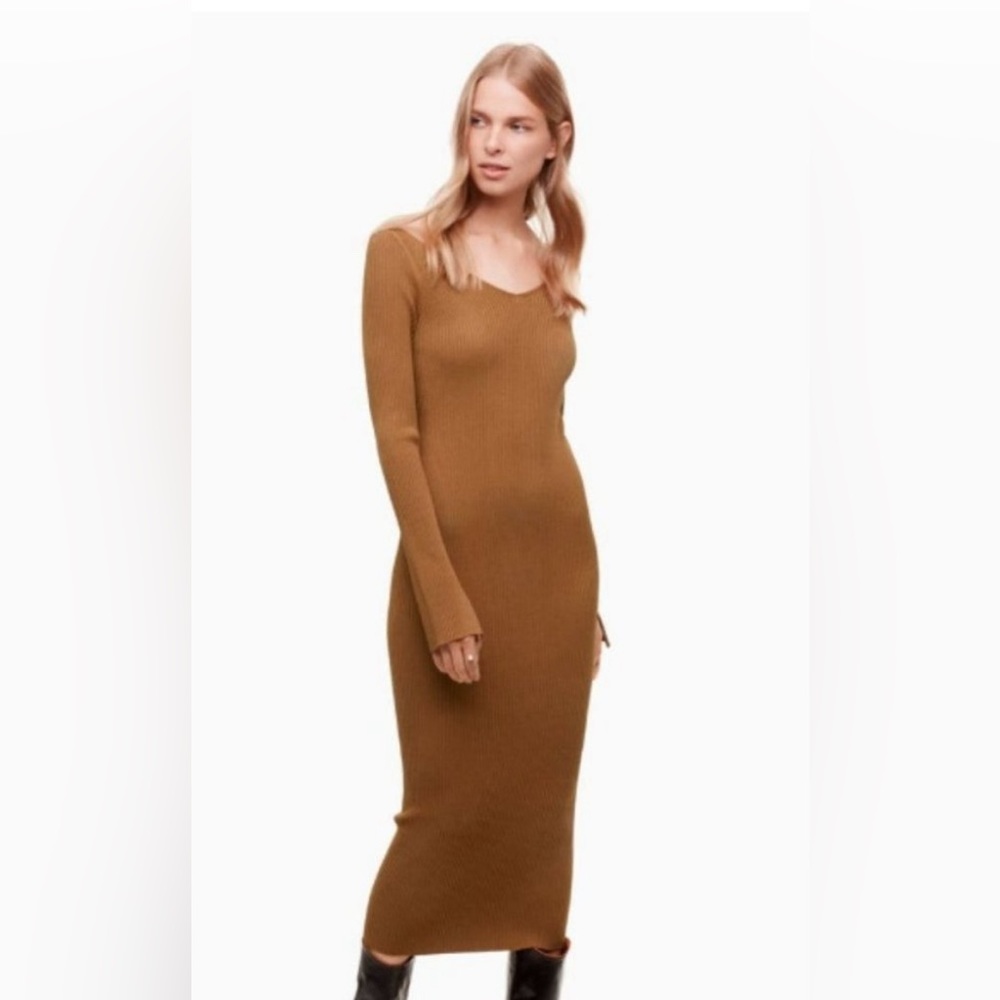 Aritzia Wilfred Le Fou Gold Charamillon Long Sleeve Ribbed Knit Dress XS